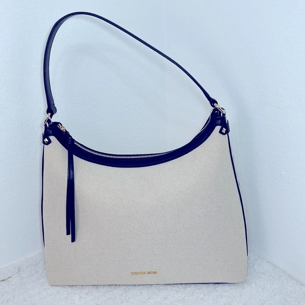NEW $358 Michael Kors Maeve Large Hobo Bag‎ Cream Beige Black Canavas Leather